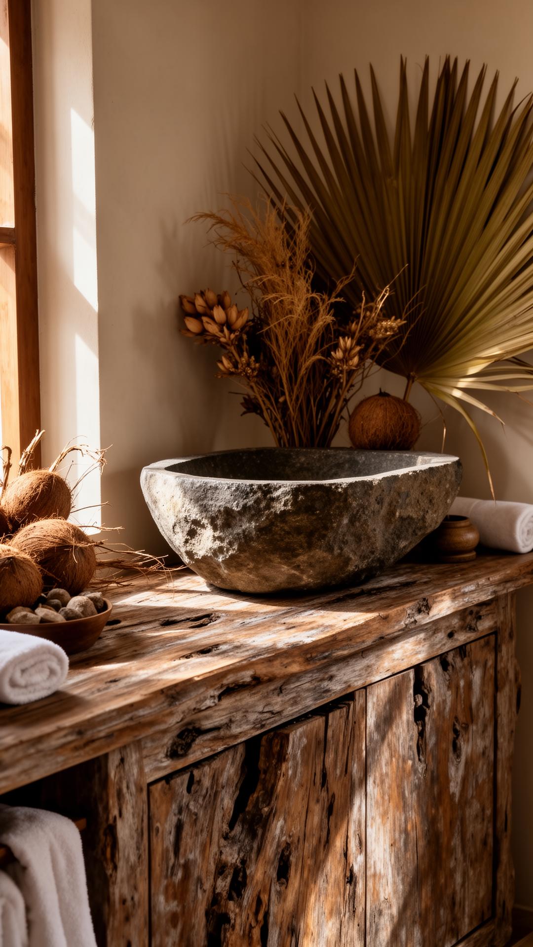Stone bowl, dried botanicals and weathered teak